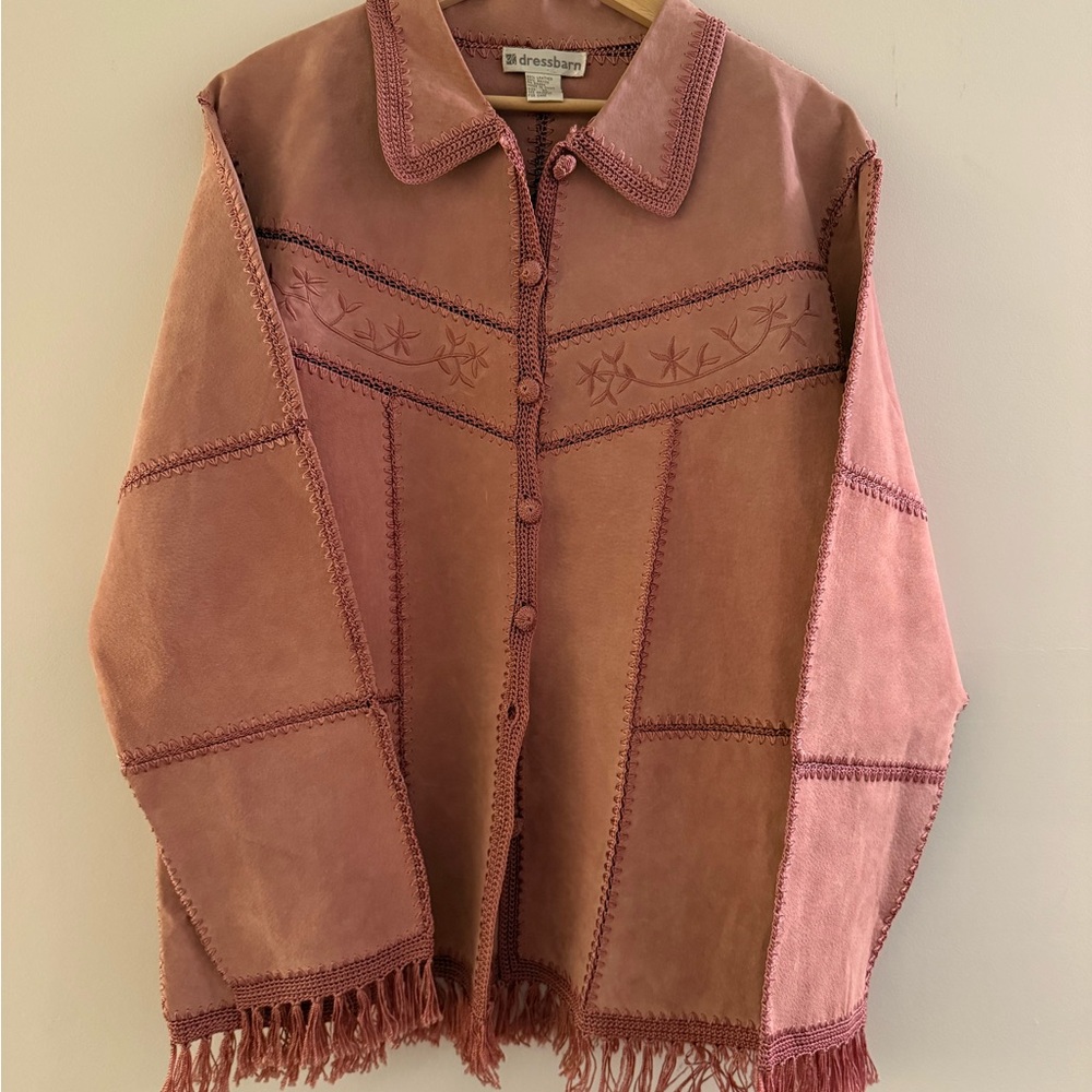 dressbarn Pink Mauve Embroidered Crochet-Trim suede Jacket in XL